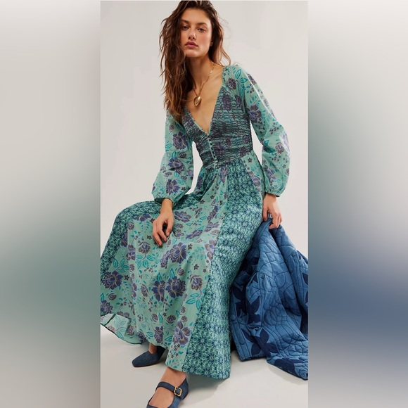 Free People Maxi Dress Women Boho A New Way Preppy Green Classic Floral NWT - Picture 2 of 6